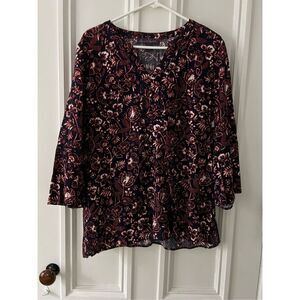 Gloria Vanderbilt navy blue with orange and white floral long sleeve top L